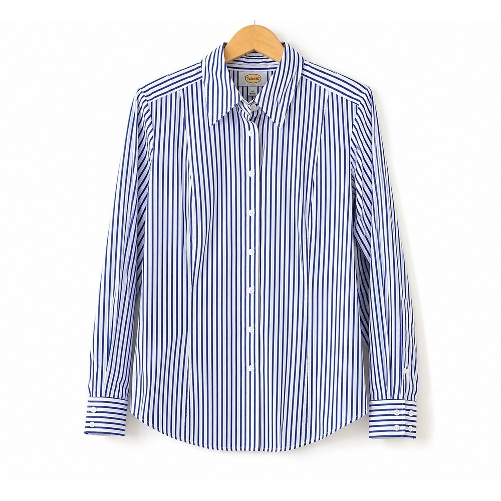 Talbots Women's Size 14 Blue White Striped Collared Long Sleeve Button-Up Shirt
